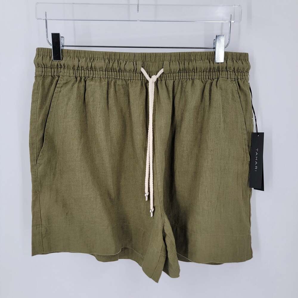 Tahari Luxe Linen Shorts Womens L Green High Rise Drawstring Pockets Pull On